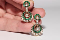 Vintage Circa 1970s 18k Gold Natural Rose Cut Diamond And Emerald Drop Earring