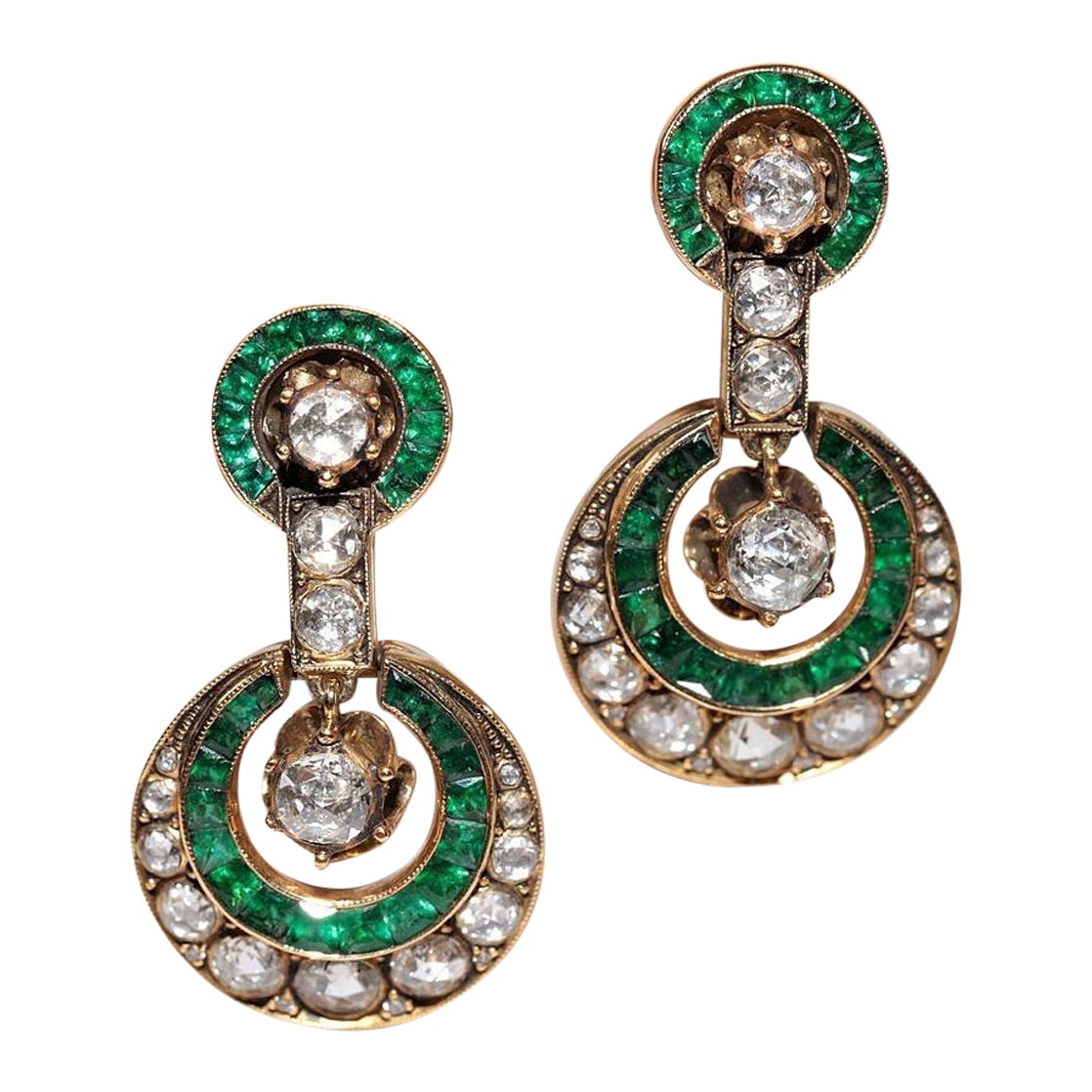 Vintage Circa 1970er Jahre 18k Gold natürlicher Rosenschliff Diamant und Smaragd Tropfenohrring