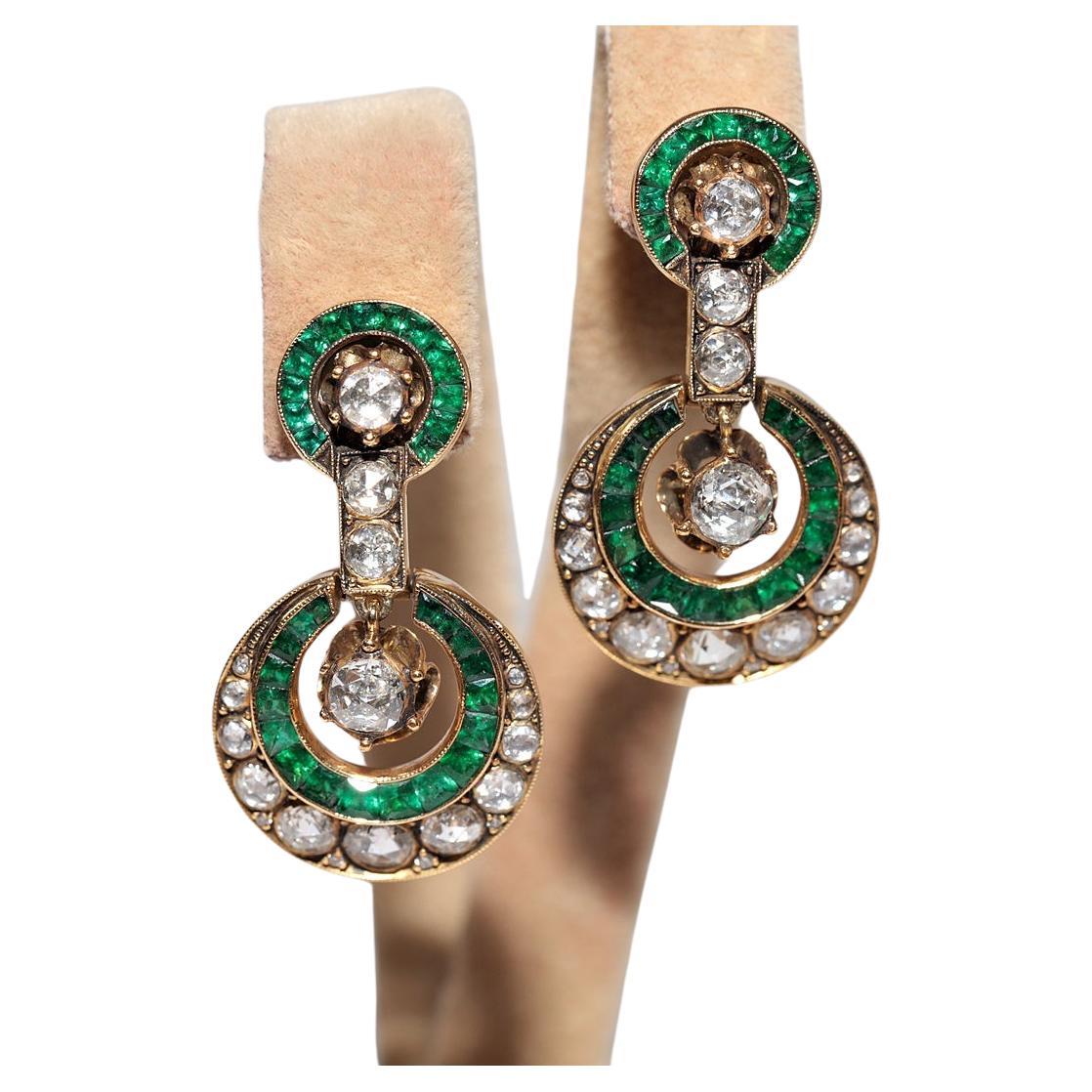 Vintage Circa 1970s 18k Gold Natural Rose Cut Diamond And Emerald Drop Earring