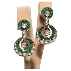 Vintage Circa 1970s 18k Gold Natural Rose Cut Diamond And Emerald Drop Earring