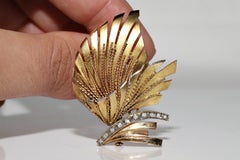 Vintage Circa 1970s 18k Gold Natural Rose Cut Diamond Leaf Style Brooch