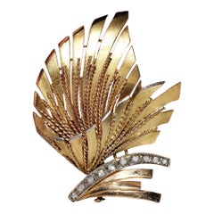 Broche feuille vintage des années 1970 en or 18 carats avec diamants naturels taille rose