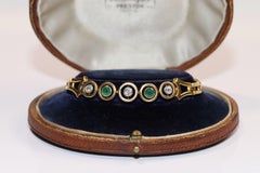 Vintage Circa 1970s 18k Natural Old Cut Diamond And Emerald Tennis Bracelet