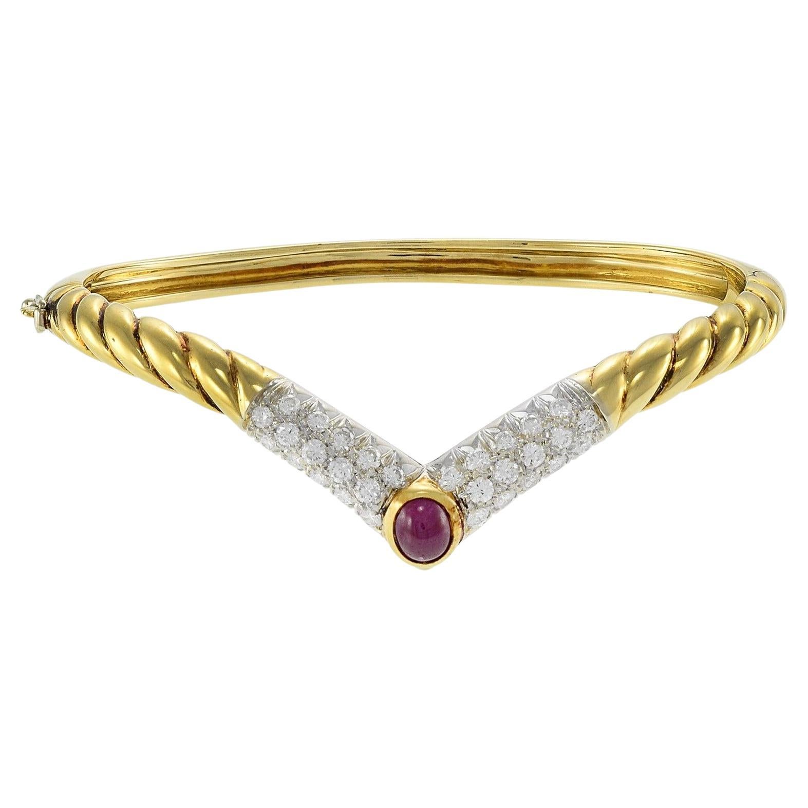 Vintage Circa 1970's 18kt Yellow Gold and Oval Cabochon Ruby Bracelet