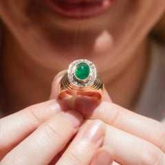 Vintage Circa 1970s 2.51 Carat Emerald Cabochon & Diamond Ring 18 Carat Gold