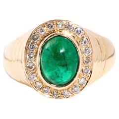 Vintage Circa 1970s 2.51 Carat Emerald Cabochon & Diamond Ring 18 Carat Gold