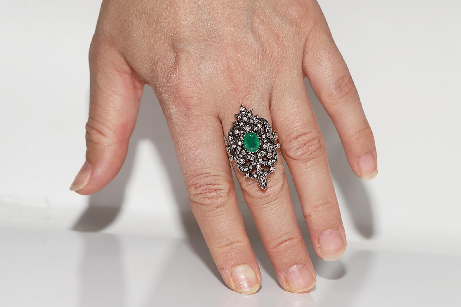 Vintage Circa 1970s 8k Gold Natural Diamond And Emerald Decorated Navette Ring For Sale 6