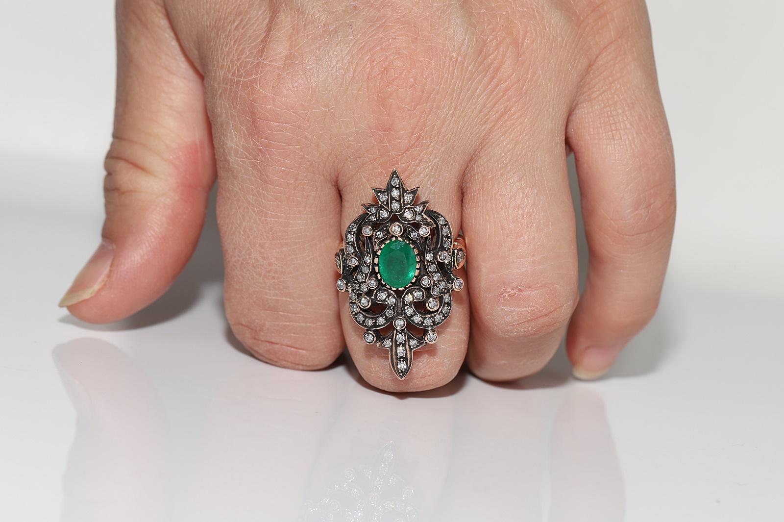 Vintage Circa 1970s 8k Gold Natural Diamond And Emerald Decorated Navette Ring For Sale 7
