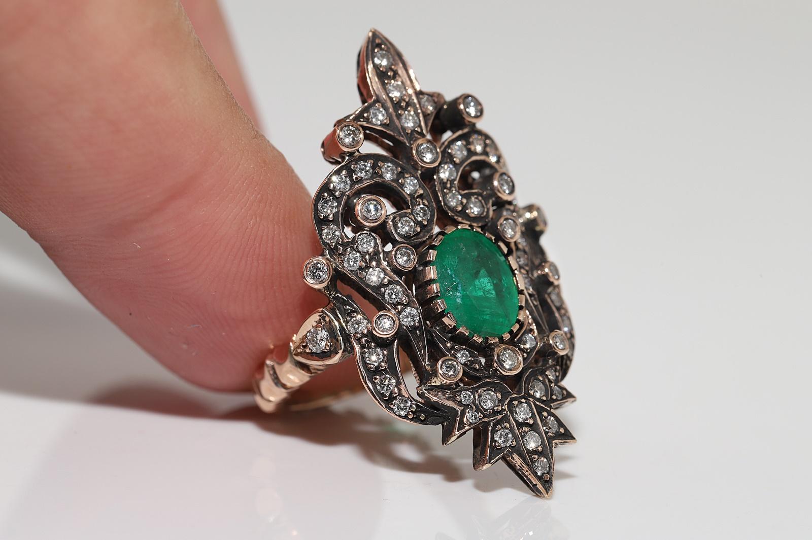 Brilliant Cut Vintage Circa 1970s 8k Gold Natural Diamond And Emerald Decorated Navette Ring For Sale