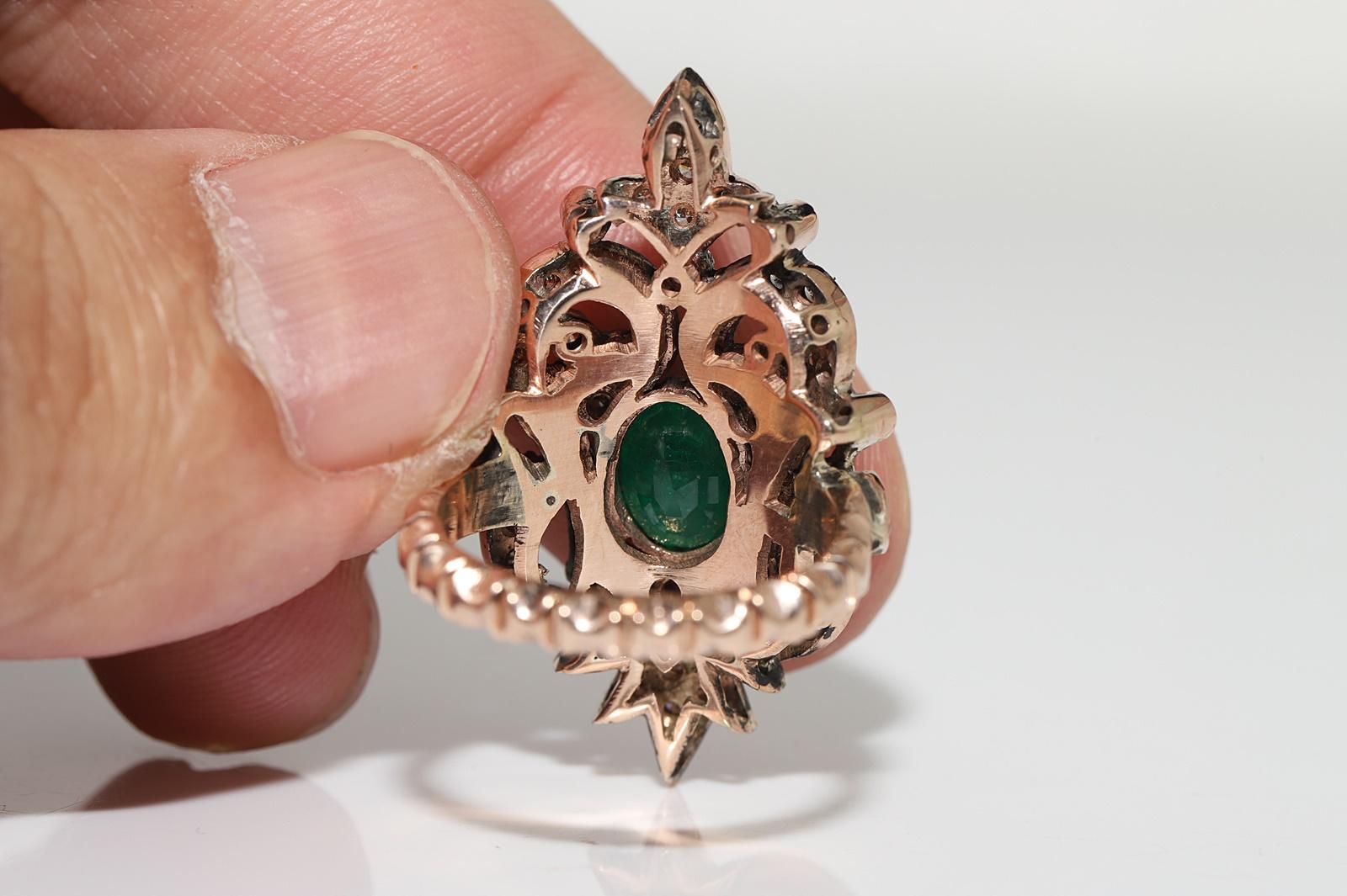 Women's Vintage Circa 1970s 8k Gold Natural Diamond And Emerald Decorated Navette Ring For Sale
