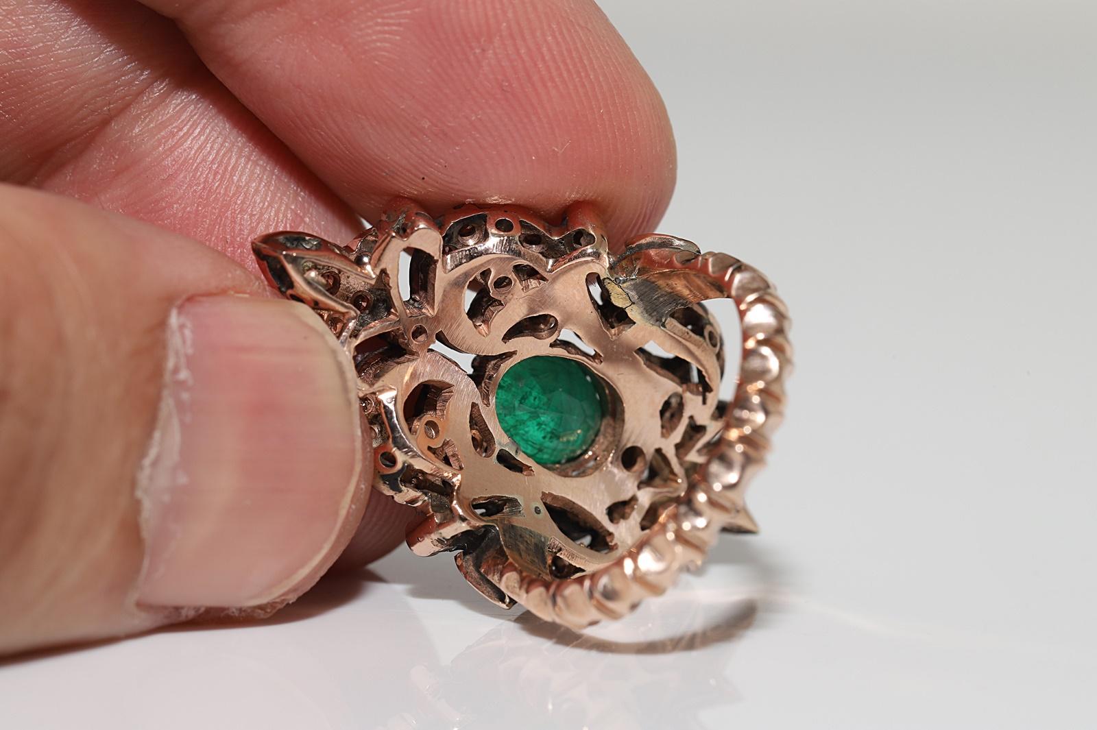 Vintage Circa 1970s 8k Gold Natural Diamond And Emerald Decorated Navette Ring For Sale 1