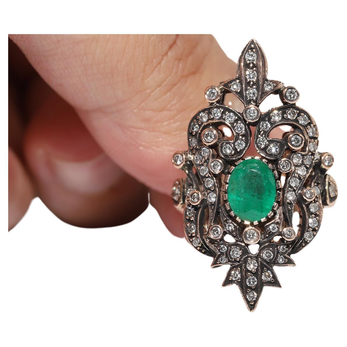 Vintage Circa 1970s 8k Gold Natural Diamond And Emerald Decorated Navette Ring For Sale