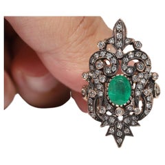Retro Circa 1970s 8k Gold Natural Diamond And Emerald Decorated Navette Ring