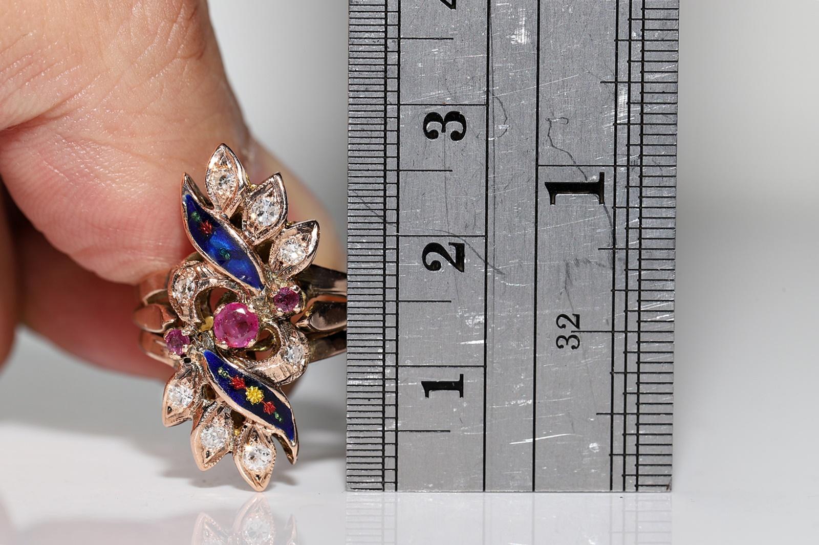 Vintage Circa 1970er Jahre 8k Gold Natürlicher Diamant und Rubin Dekorierter Emaille-Ring Damen im Angebot