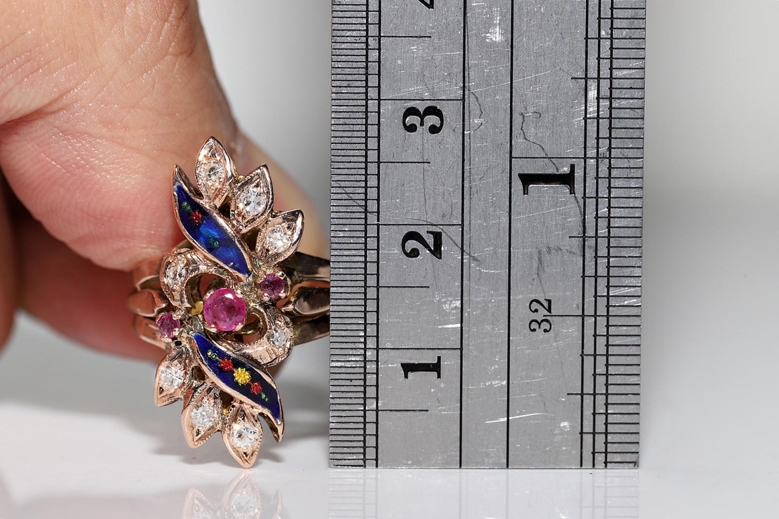 Vintage CIRCA 1970s 8k Gold natürlichen Diamanten und Rubin dekoriert Emaille-Ring Damen im Angebot