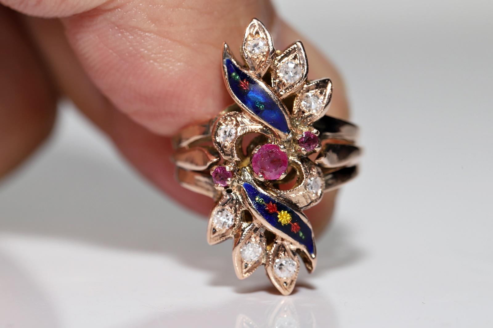 Vintage Circa 1970s 8k Gold Natural Diamond And Ruby Decorated Enamel Ring For Sale 1