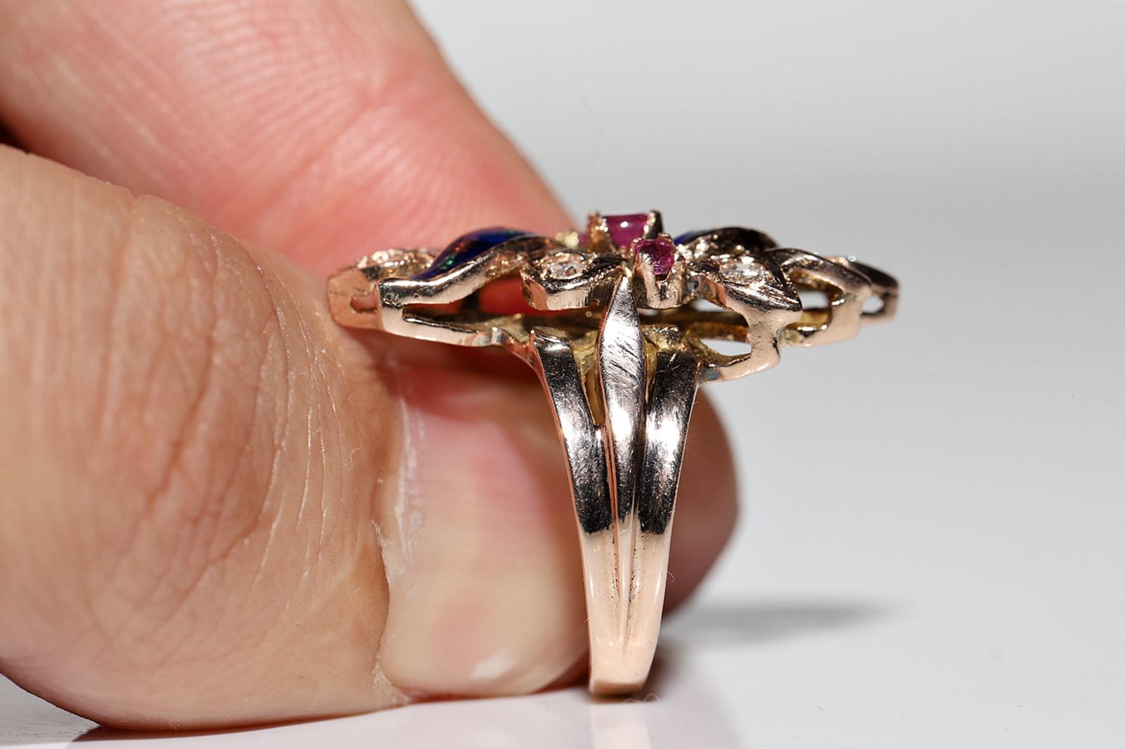 Vintage CIRCA 1970s 8k Gold natürlichen Diamanten und Rubin dekoriert Emaille-Ring im Angebot 2