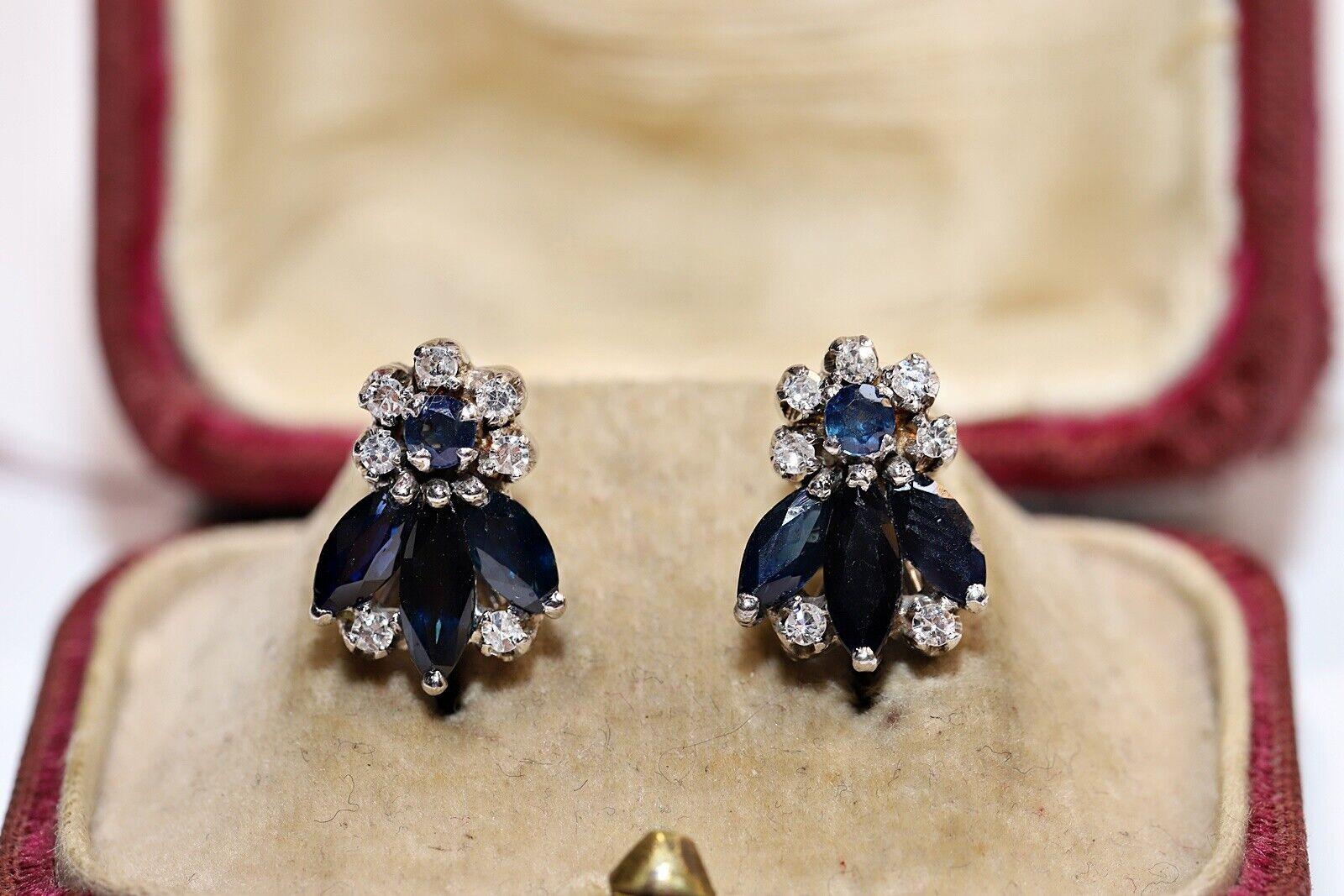 Vintage Circa 1970s 8k Gold Natural Diamond And Sapphire Decorated Earring  For Sale 4