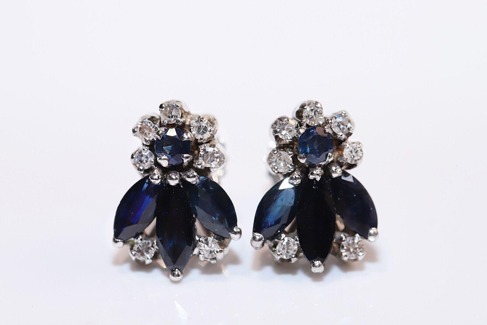 Retro Vintage Circa 1970s 8k Gold Natural Diamond And Sapphire Decorated Earring  For Sale