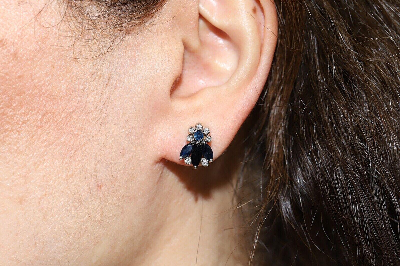 Vintage Circa 1970s 8k Gold Natural Diamond And Sapphire Decorated Earring  For Sale 2