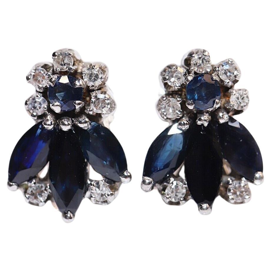 Vintage Circa 1970s 8k Gold Natural Diamond And Sapphire Decorated Earring  For Sale