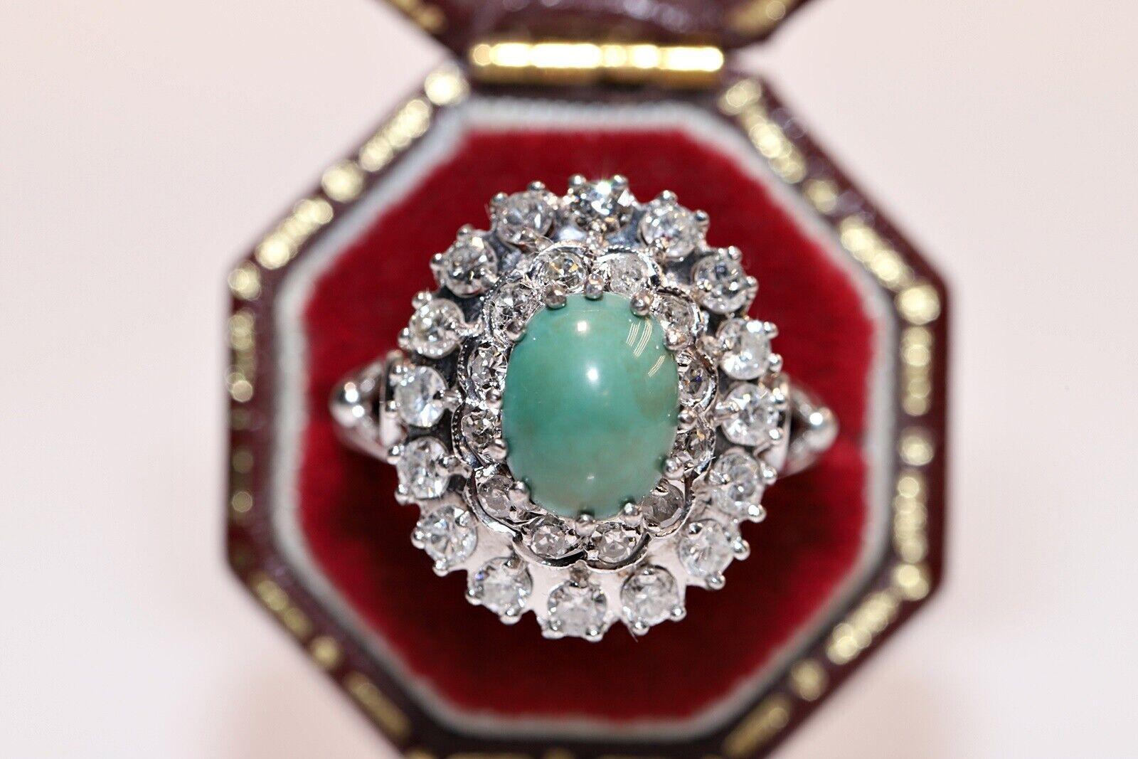 Vintage Circa 1970s 8k Gold Natural Diamond And Turquoise Decorated Ring For Sale 5