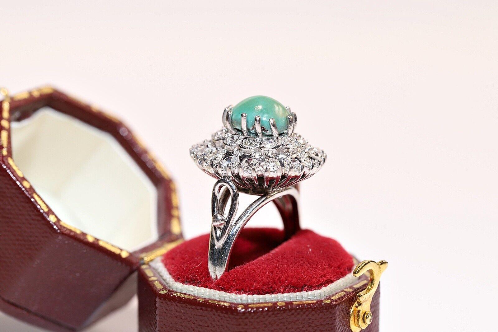 Vintage Circa 1970s 8k Gold Natural Diamond And Turquoise Decorated Ring For Sale 6