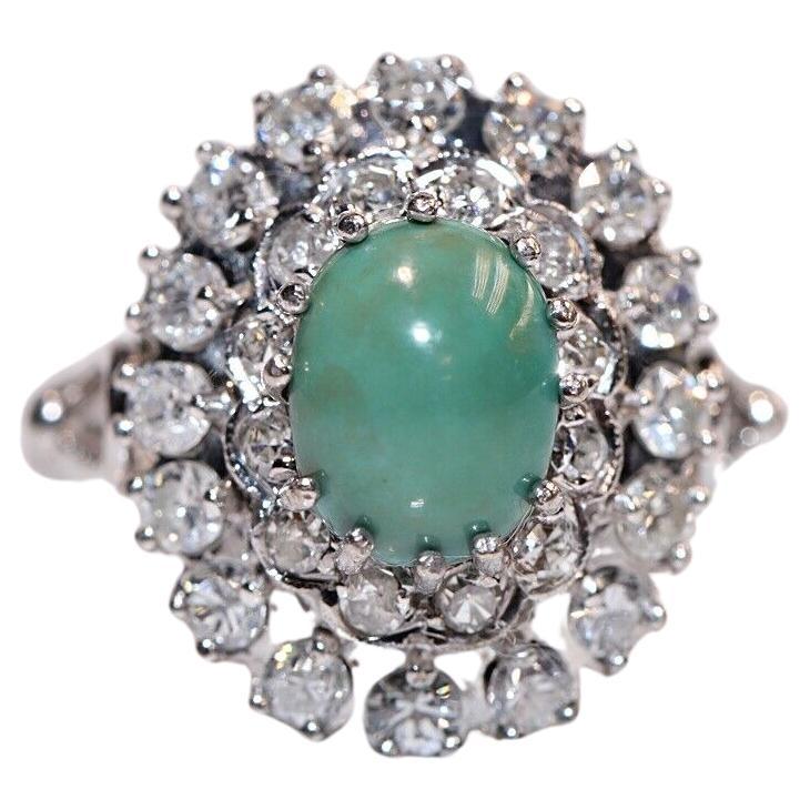 Bague vintage des années 1970 en or 8 carats décorée de diamants naturels et de turquoises