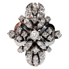 Vintage Circa 1970 Or 8k Bague Navette Décorée de Diamants Naturels