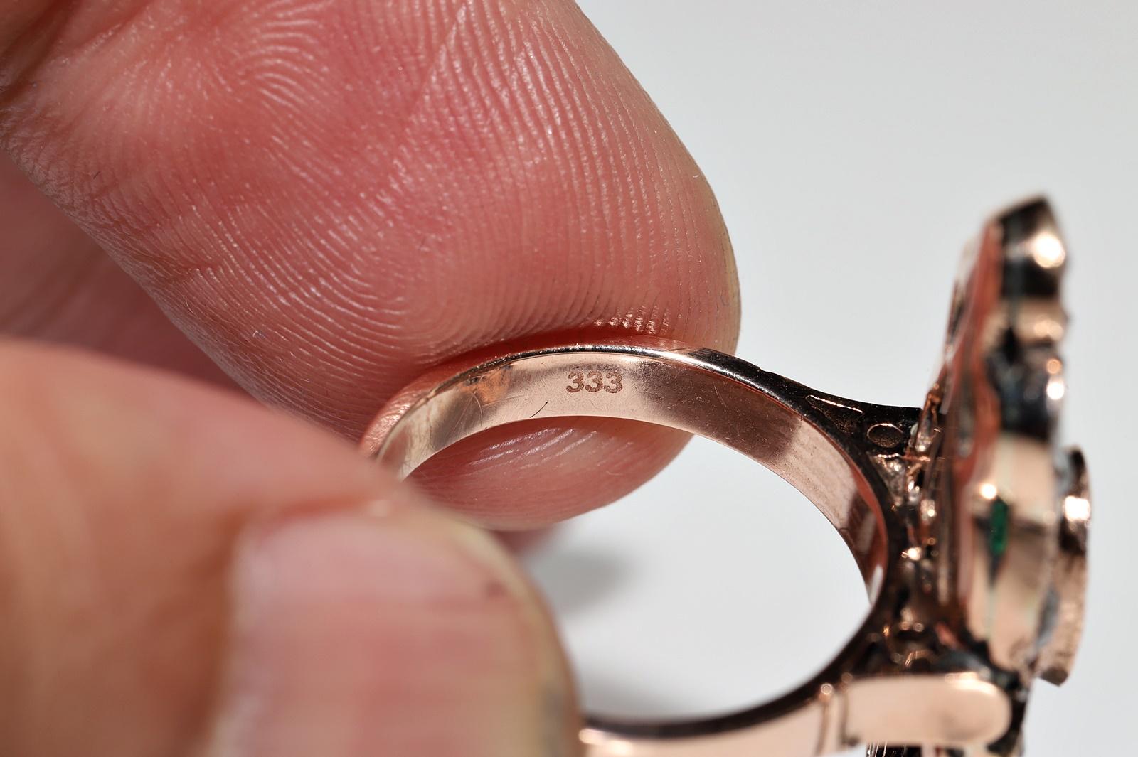 Vintage CIRCA 1970s 8k Gold Natürliche Rose Cut Diamant und Smaragd Navette Ring im Angebot 4