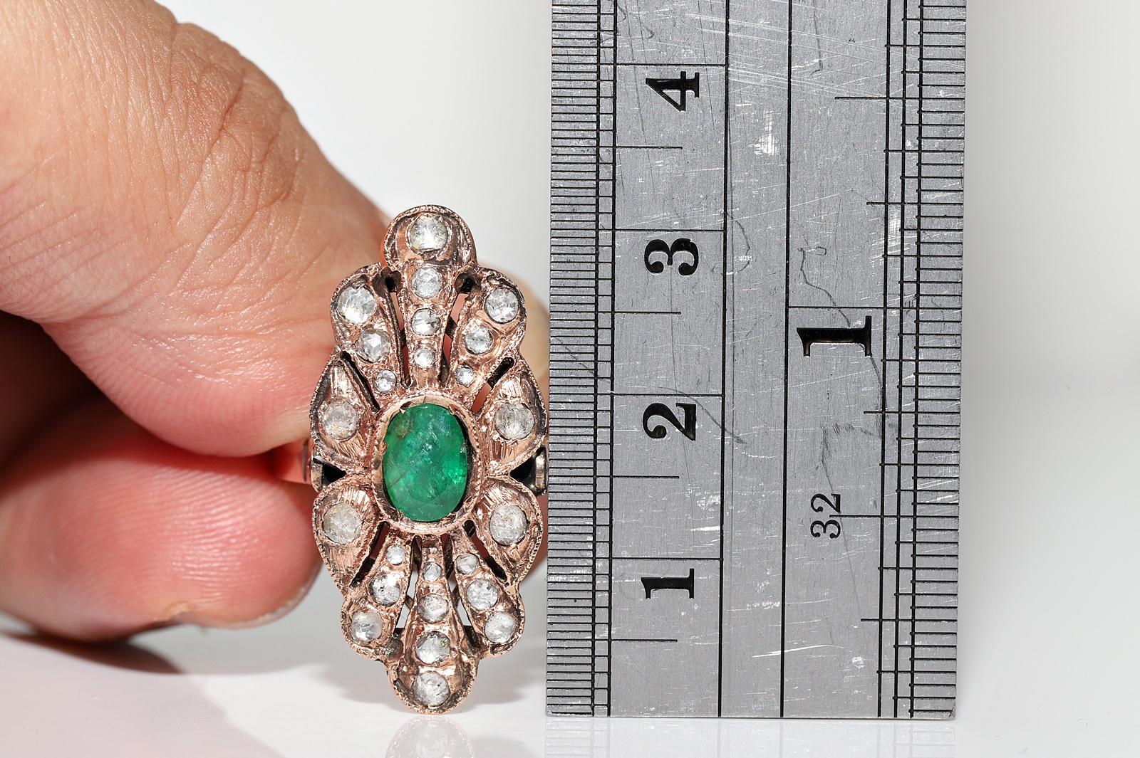 Vintage CIRCA 1970s 8k Gold Natürliche Rose Cut Diamant und Smaragd Navette Ring im Angebot 5