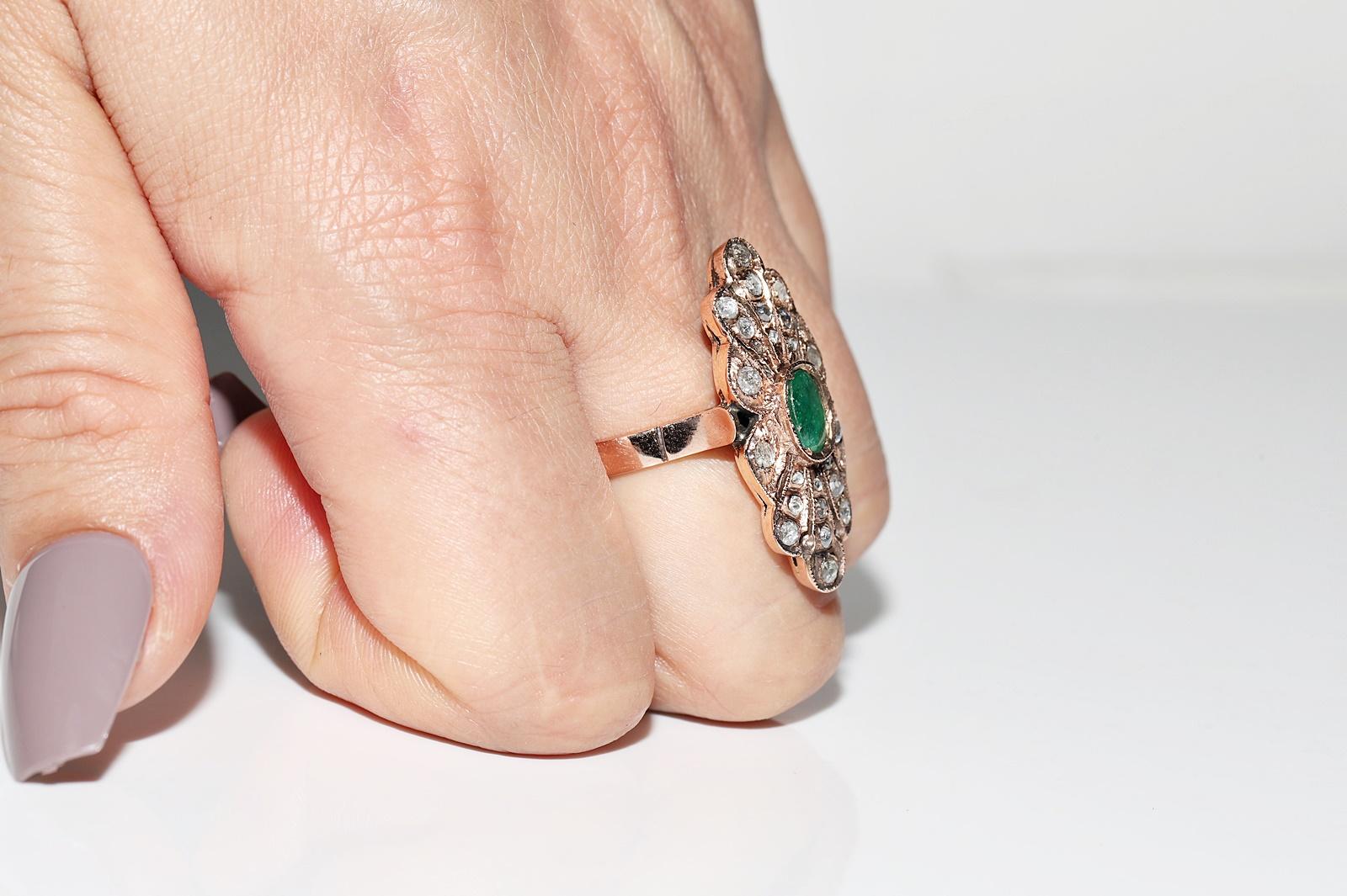 Vintage CIRCA 1970s 8k Gold Natürliche Rose Cut Diamant und Smaragd Navette Ring im Angebot 8