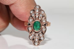 Vintage Circa 1970s 8k Gold Natural Rose Cut Diamond And Emerald Navette Ring