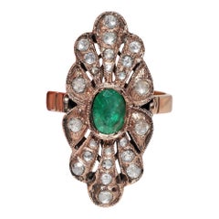 Vintage Circa 1970s 8k Gold Natural Rose Cut Diamond And Emerald Navette Ring