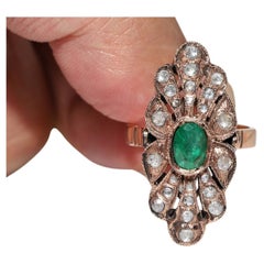 Vintage Circa 1970s 8k Gold Natural Rose Cut Diamond And Emerald Navette Ring
