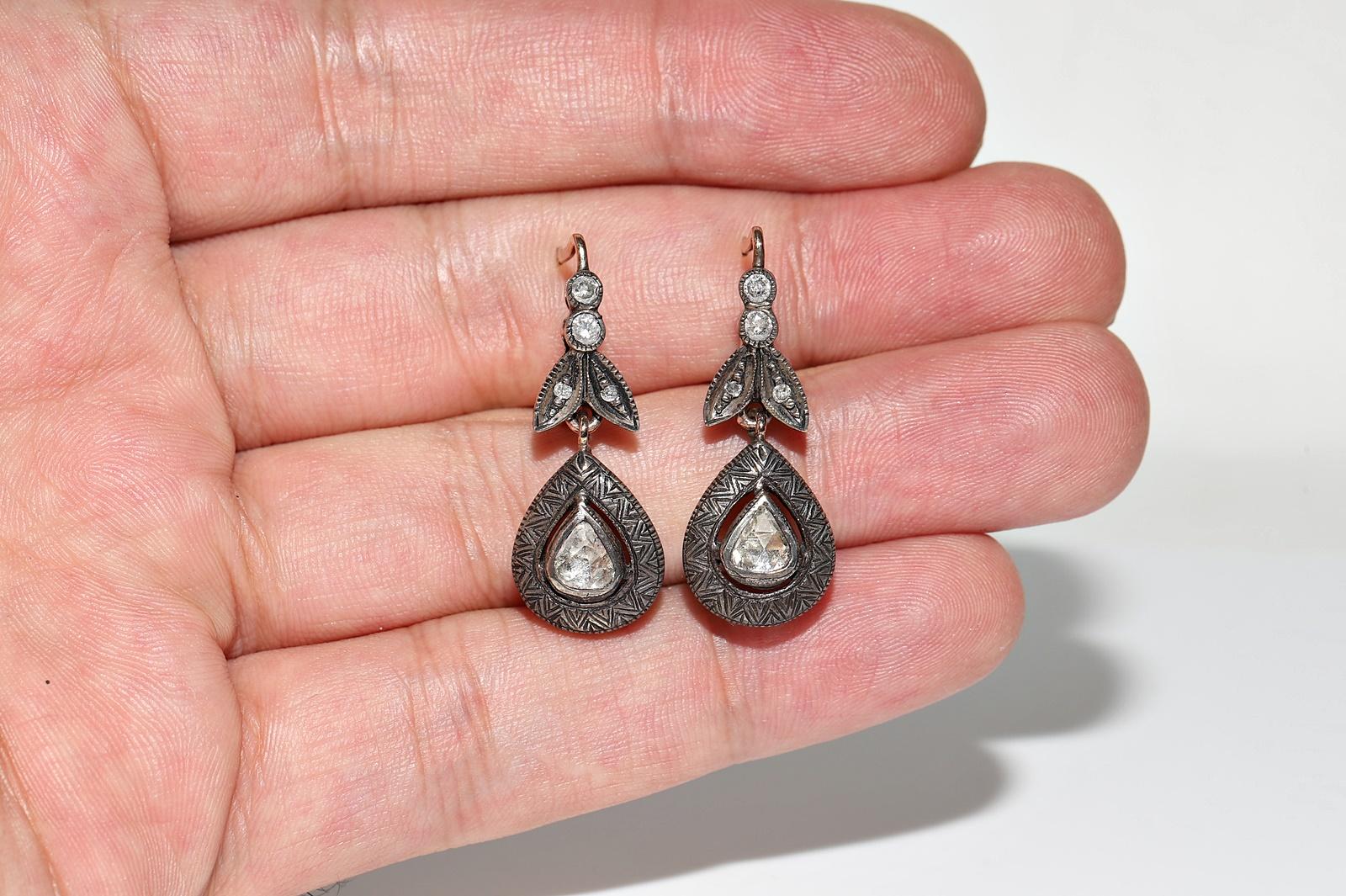Vintage Circa 1970s 8k Gold Top Silver Natural Rose Cut Diamond Drop Earring For Sale 6