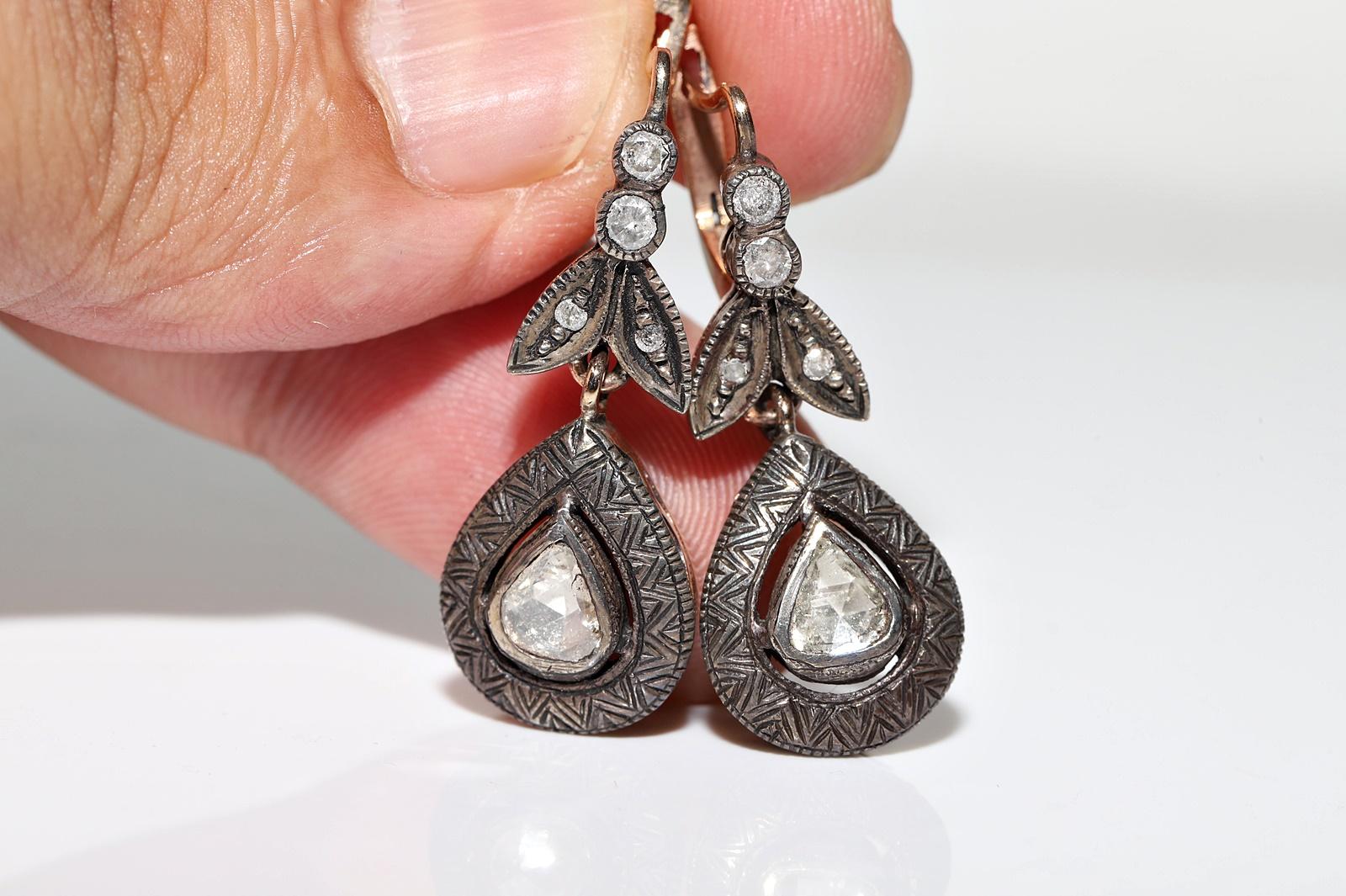 Vintage Circa 1970s 8k Gold Top Silver Natural Rose Cut Diamond Drop Earring For Sale 7