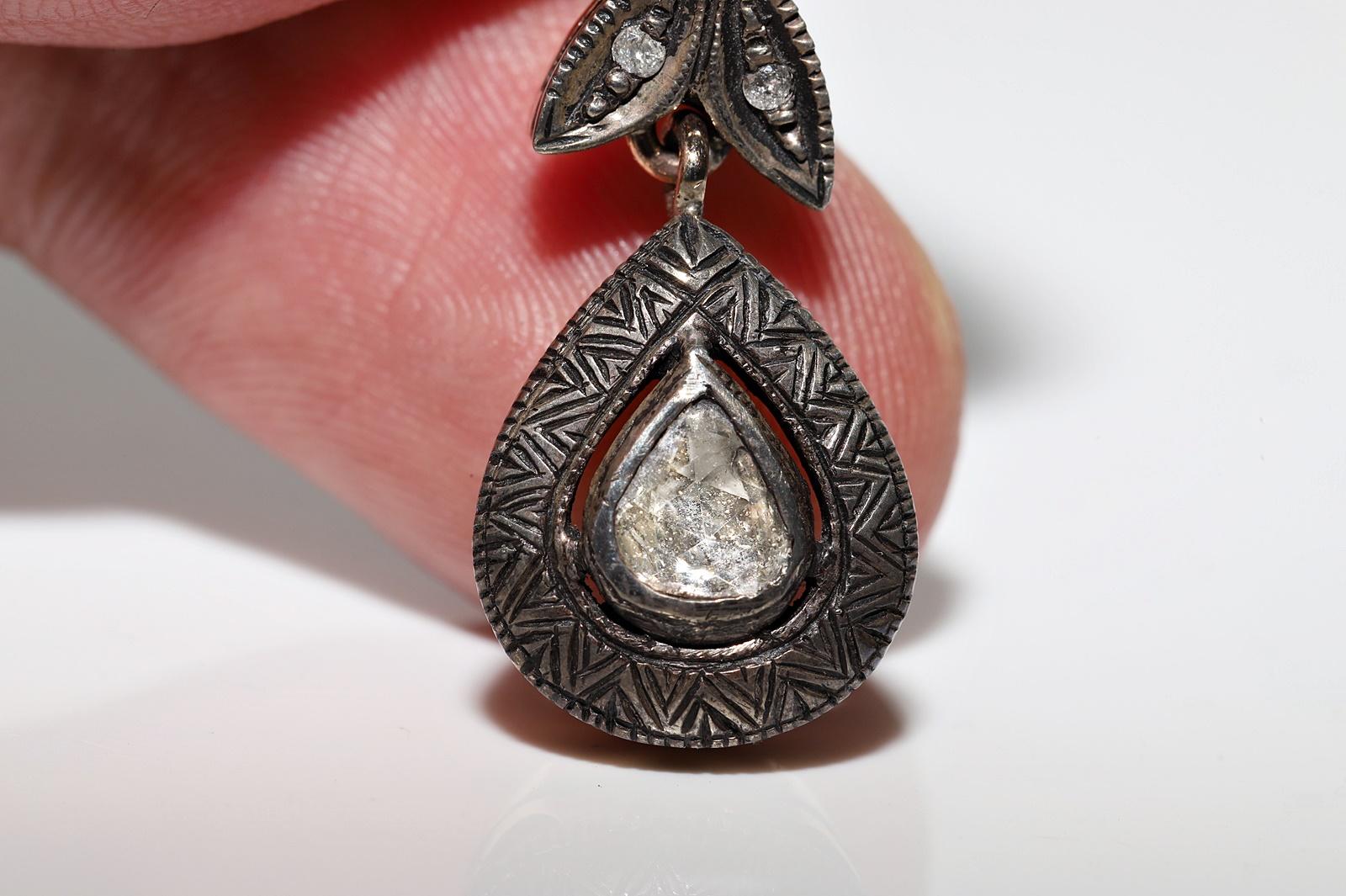 Vintage Circa 1970s 8k Gold Top Silver Natural Rose Cut Diamond Drop Earring For Sale 8