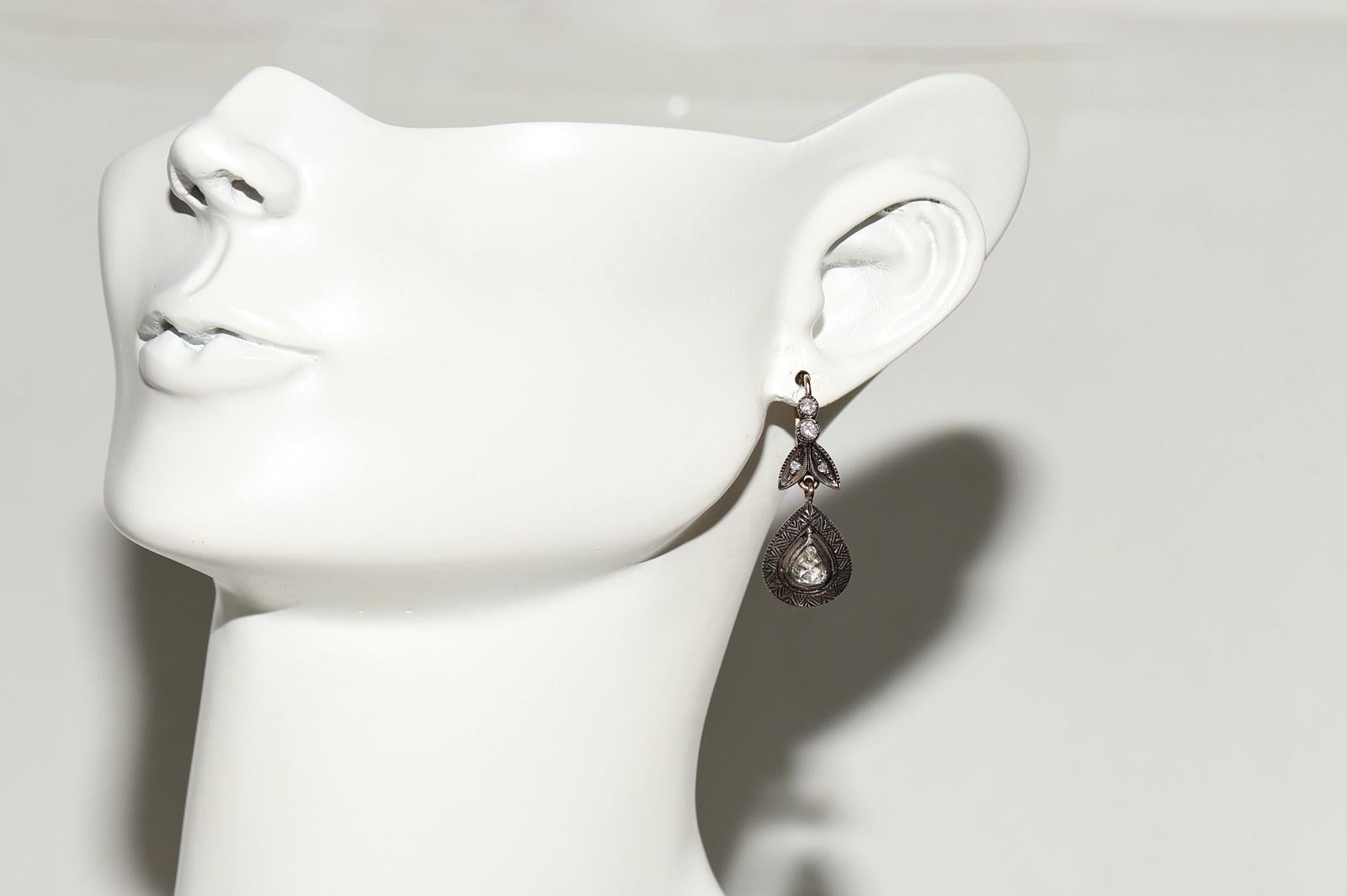 Vintage Circa 1970s 8k Gold Top Silver Natural Rose Cut Diamond Drop Earring For Sale 11