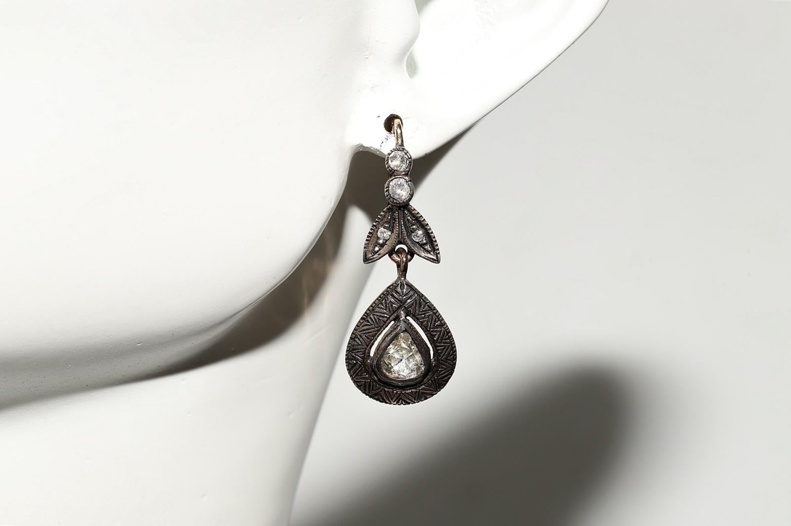 Vintage Circa 1970s 8k Gold Top Silver Natural Rose Cut Diamond Drop Earring For Sale 12