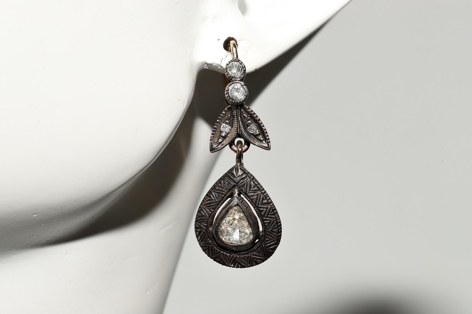 Vintage Circa 1970s 8k Gold Top Silver Natural Rose Cut Diamond Drop Earring For Sale 14