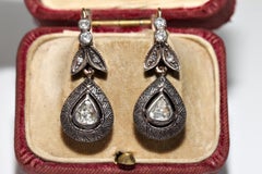 Vintage Circa 1970s 8k Gold Top Silver Natural Rose Cut Diamond Drop Earring