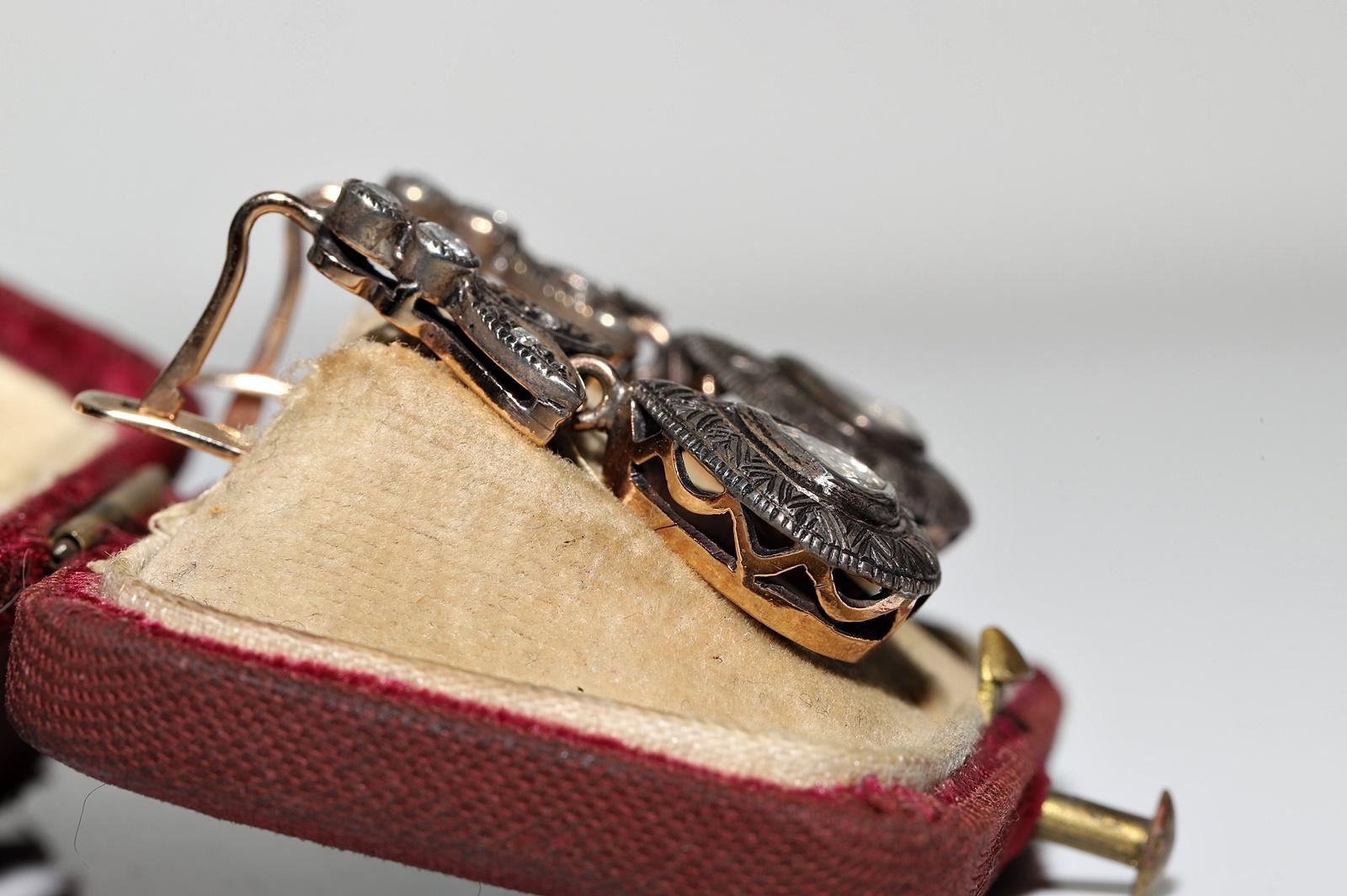 Vintage Circa 1970er Jahre 8k Gold Top Silber natürlicher Rosenschliff Diamant-Tropfen-Ohrring (Retro) im Angebot