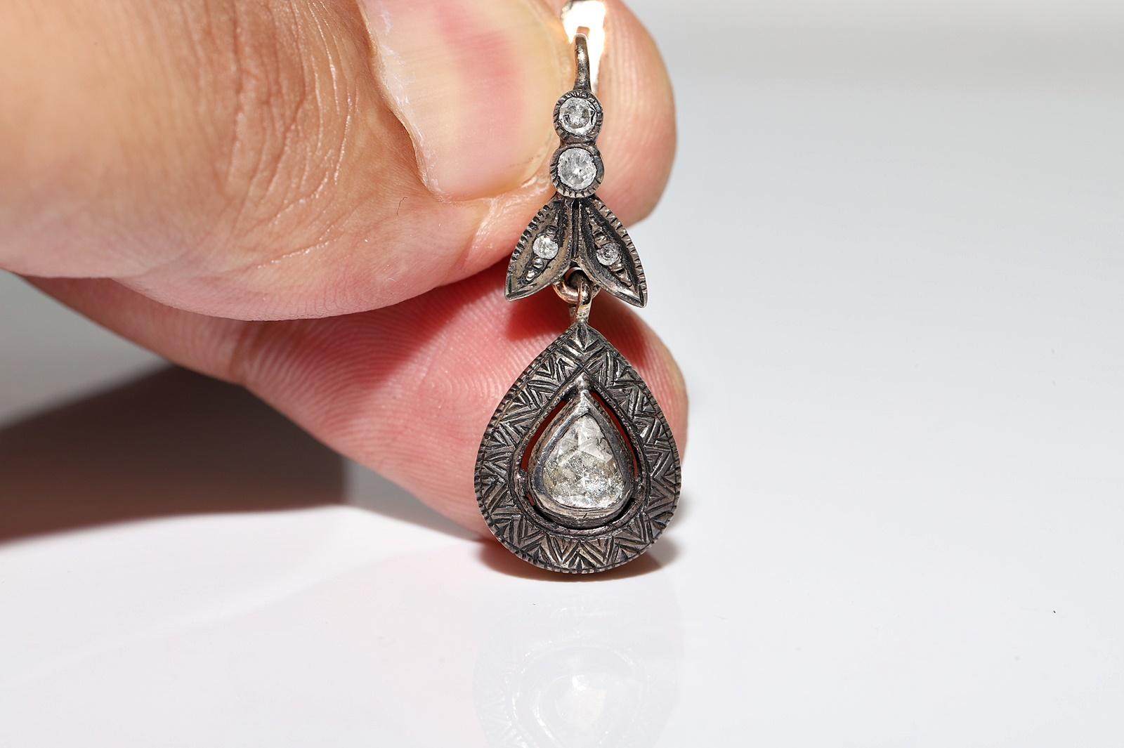 Vintage Circa 1970s 8k Gold Top Silver Natural Rose Cut Diamond Drop Earring In Good Condition For Sale In Fatih/İstanbul, 34