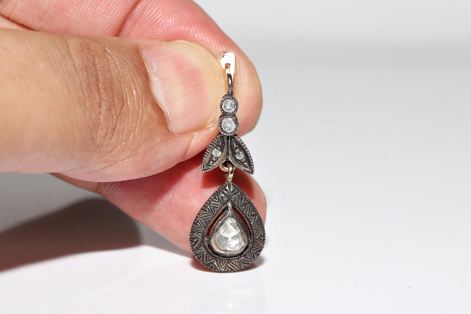 Women's Vintage Circa 1970s 8k Gold Top Silver Natural Rose Cut Diamond Drop Earring For Sale