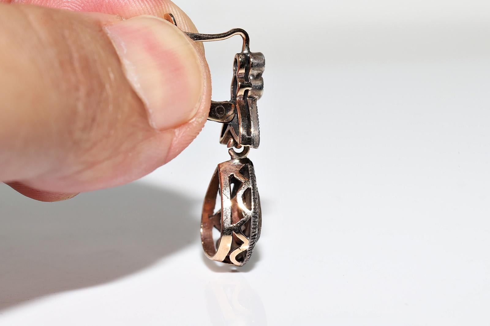 Vintage Circa 1970s 8k Gold Top Silver Natural Rose Cut Diamond Drop Earring For Sale 2