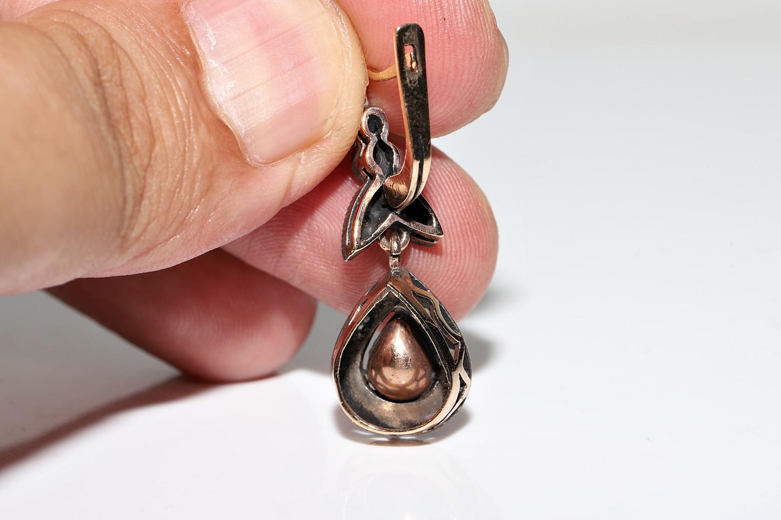 Vintage Circa 1970s 8k Gold Top Silver Natural Rose Cut Diamond Drop Earring For Sale 3