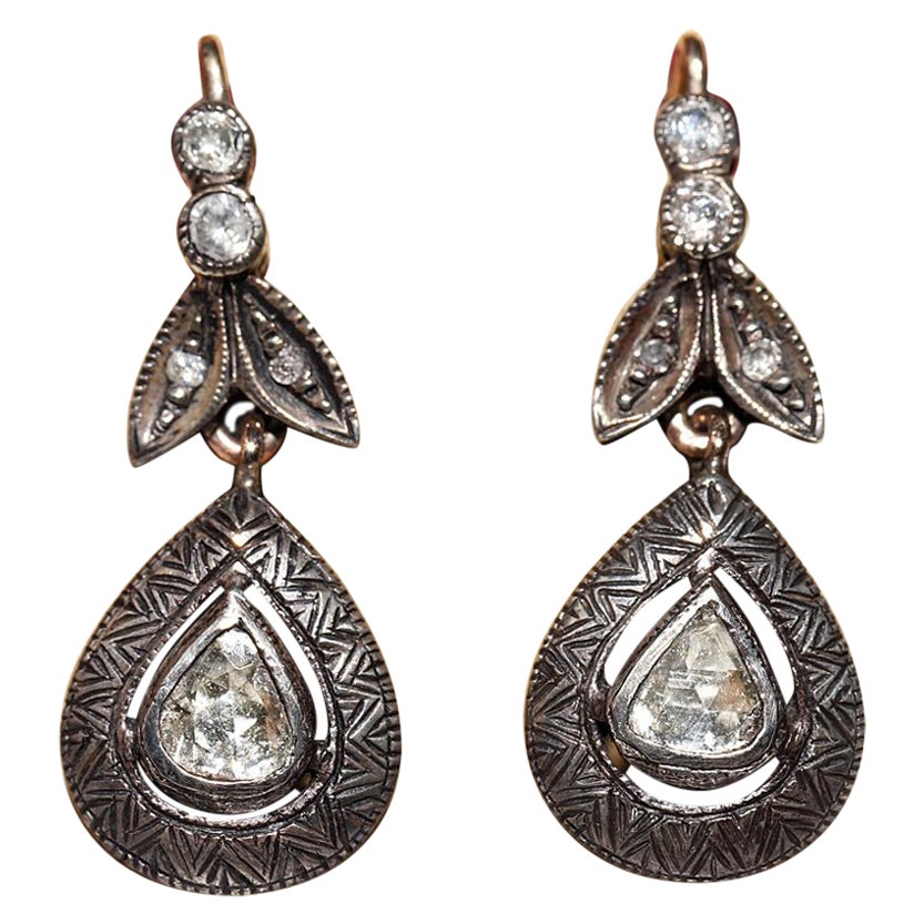 Vintage Circa 1970s 8k Gold Top Silver Natural Rose Cut Diamond Drop Earring