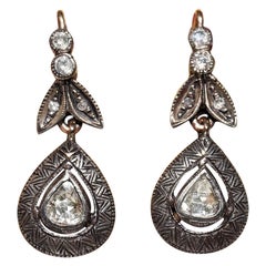 Vintage Circa 1970s 8k Gold Top Silver Natural Rose Cut Diamond Drop Earring