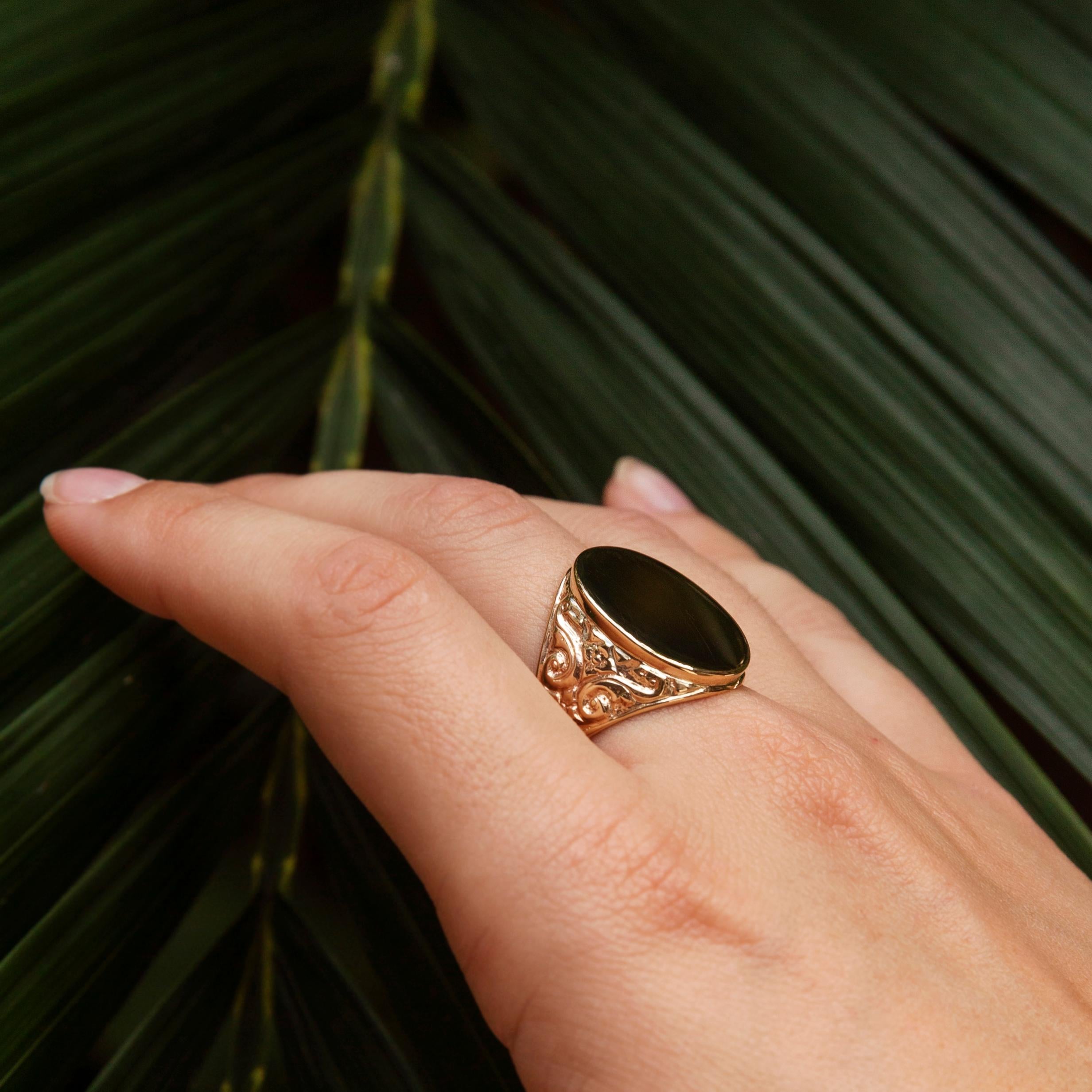 Forged in 9 carat gold, this wonderful vintage ring features elegant paisley patterned shoulders rising to a high polish oval top with space for a personal engraving. Her name is The Tennyson Ring. She is a lovely ring for adding that perfect